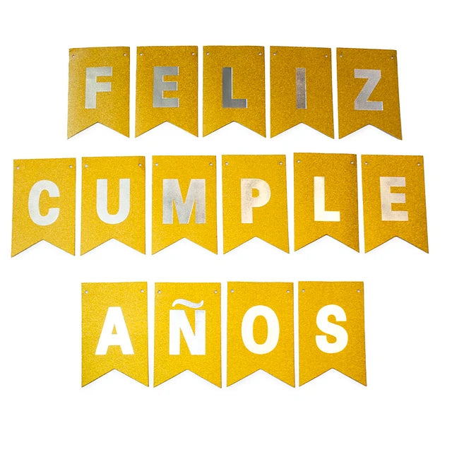 GUIRNALDA FELIZ CUMPLEAÑOS GLITTER DORADO/PLATEADO X1U
