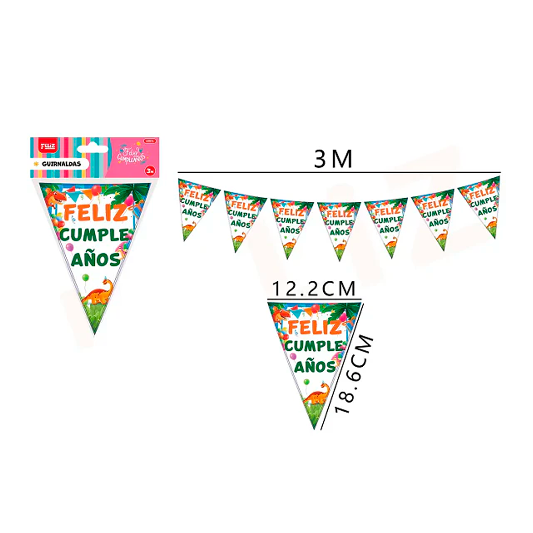 BANDERIN FELIZ CUMPLEAÑOS DINO PARTY X1U