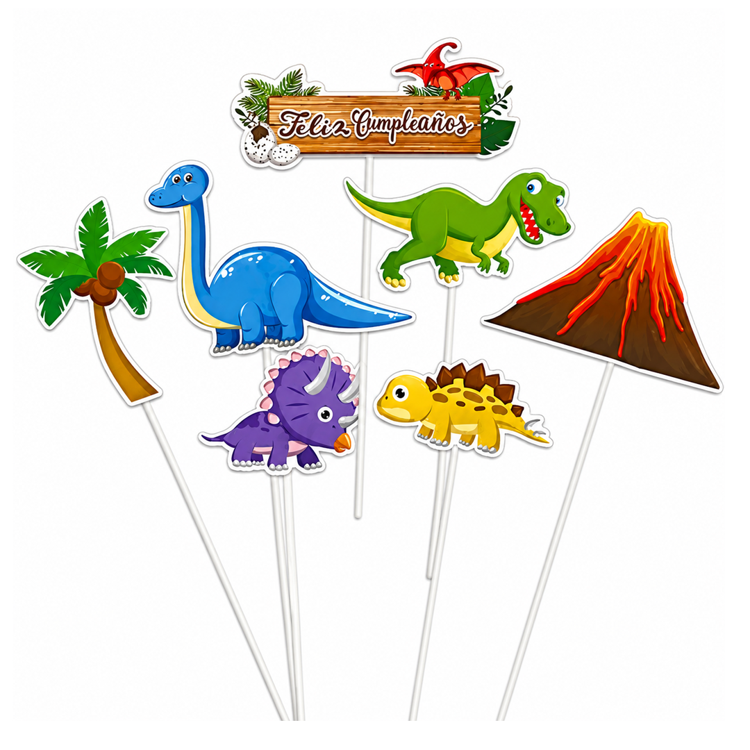 ADHESIVO PICK TORTA DINOSAURIOS FELIZ CUMPLEAÑOS X1U