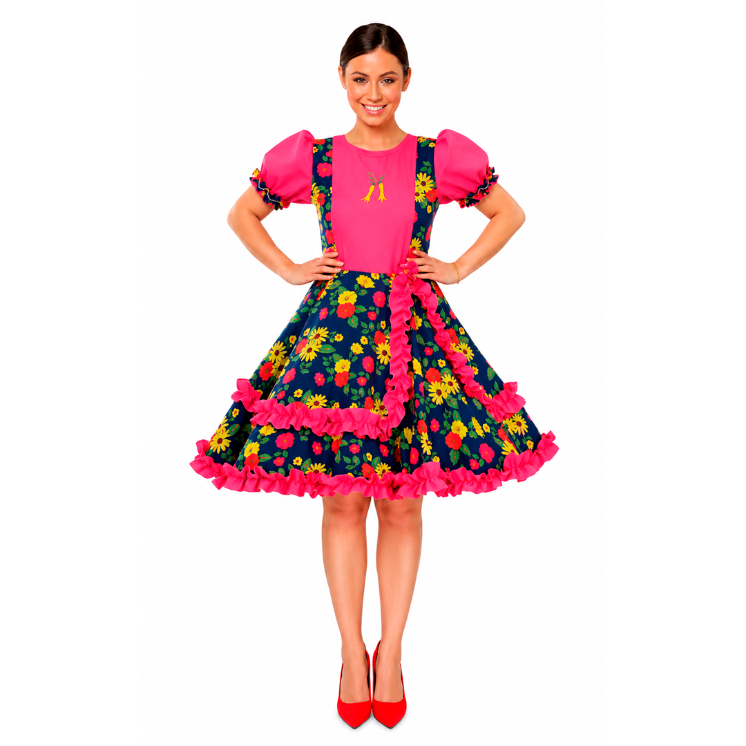 VESTIDO HUASA CHINITA FLOREADO AZUL/FUCSIA 13-14