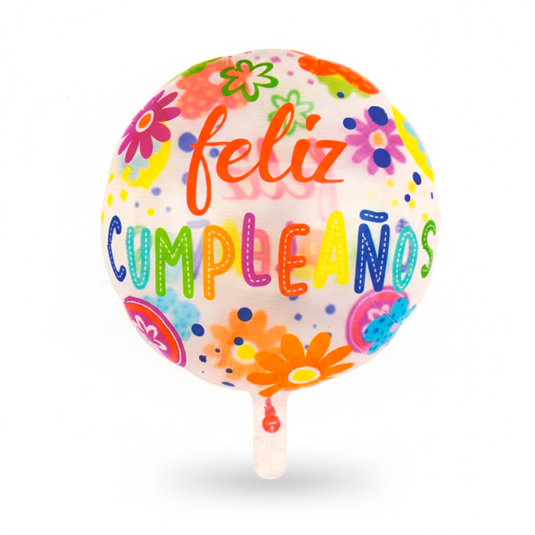 GLOBO BURBUJA FELIZ CUMPLEAÑOS FLORES 18" 45CM X1U