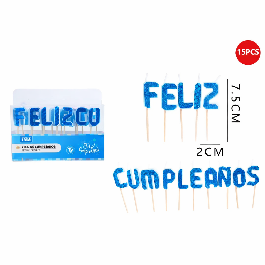 VELA FRASE FELIZ CUMPLEAÑOS HOLOGRAFICA AZUL X1U