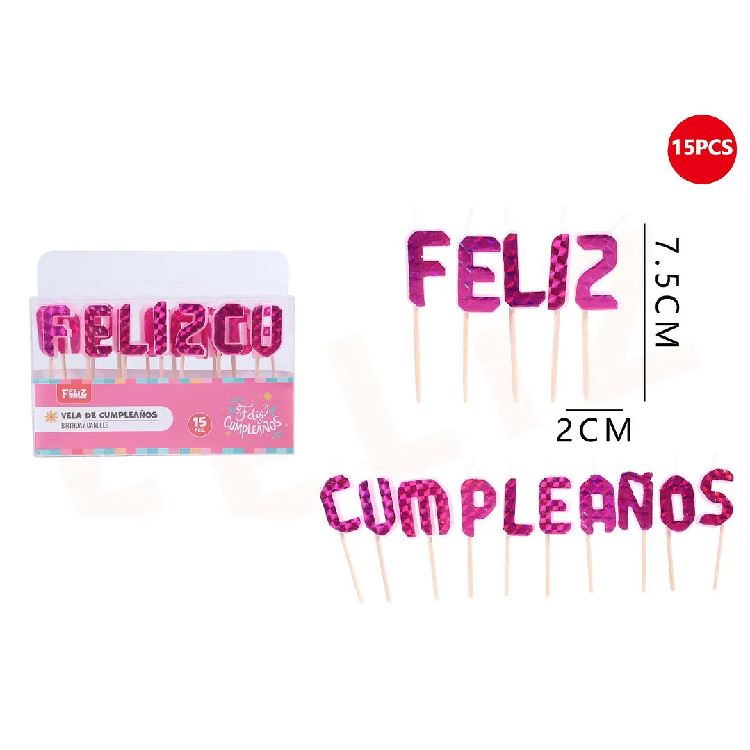 VELA FRASE FELIZ CUMPLEAÑOS HOLOGRAFICA FUCSIA X1U