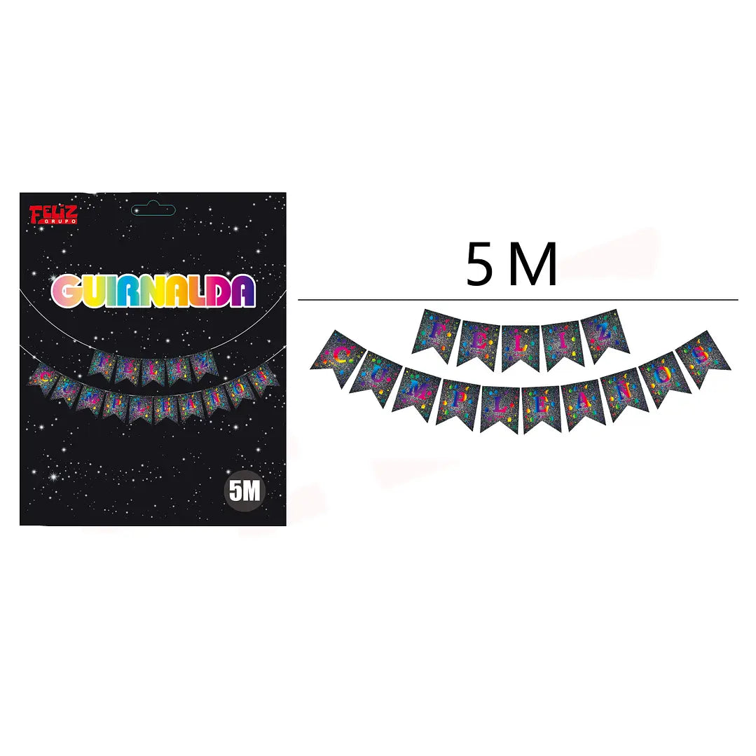 GUIRNALDA FELIZ CUMPLEAÑOS NEGRO MULTICOLOR X1U