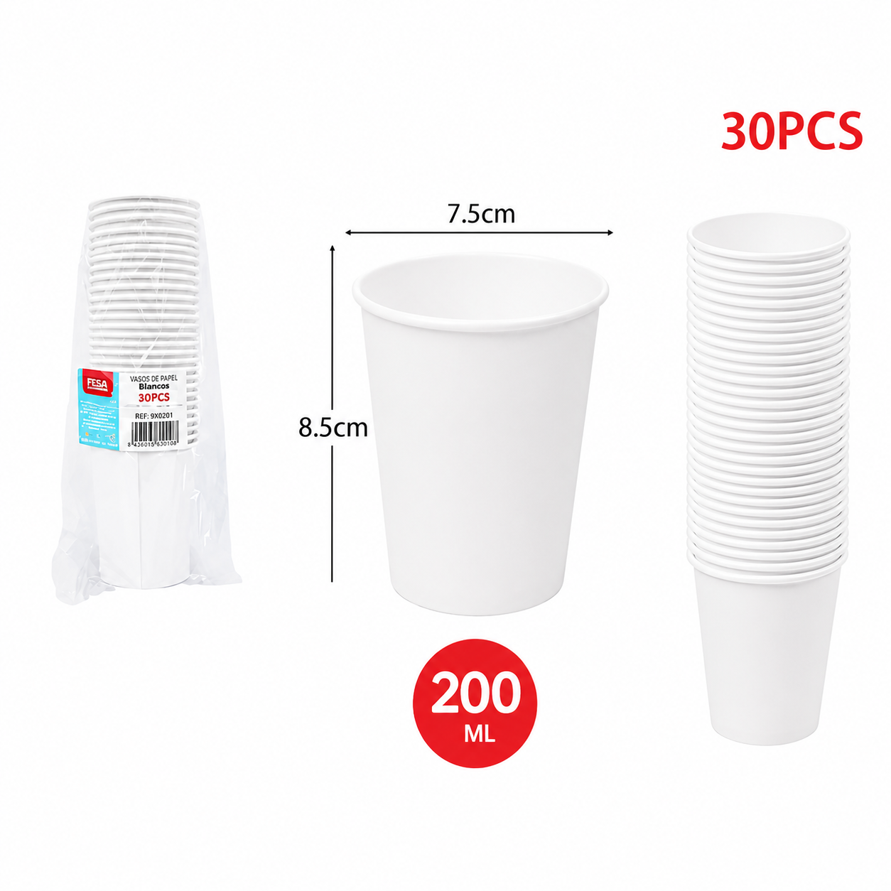 VASOS DE PAPEL BLANCO 200ML X30U
