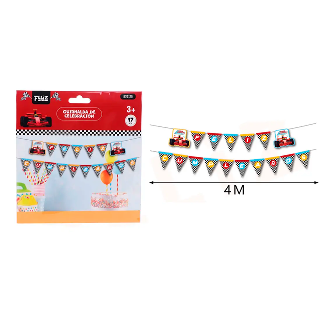 GUIRNALDA TRIANGULAR DE CUMPLEAÑOS AUTOS CARRERA 4M X1U