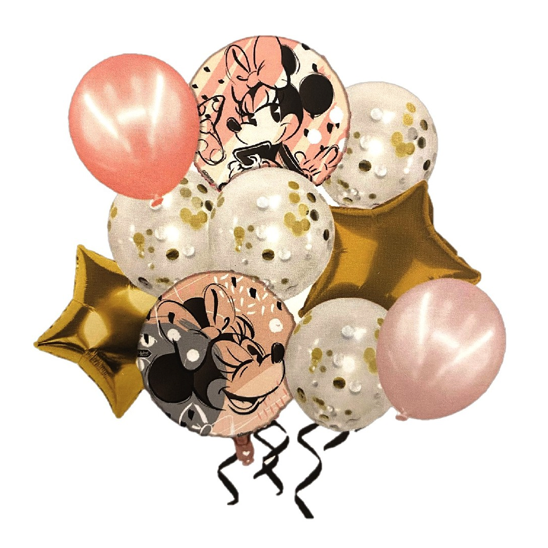 BOUQUET GLOBOS LISOS, CONFETI Y METALICO MINNIE JUVENIL X1U