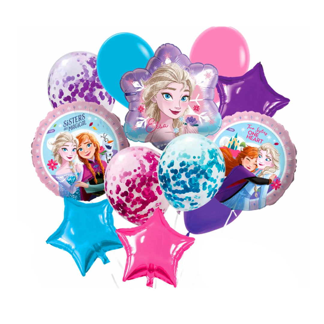 SET DE GLOBOS LISOS, CONFETI Y METALICO FROZEN X12U