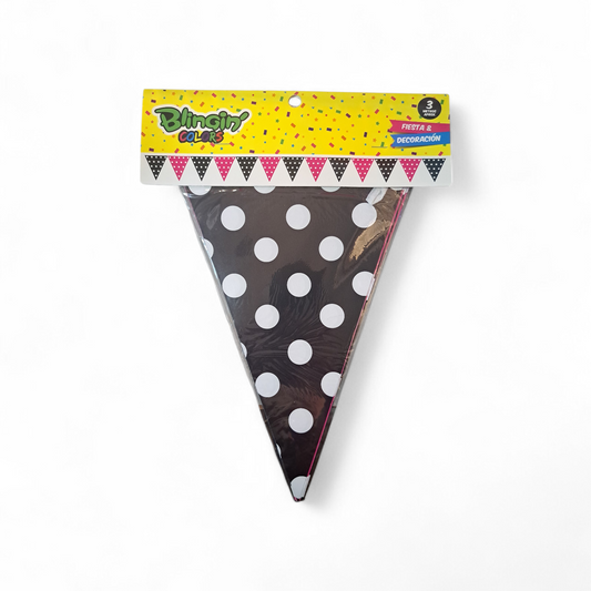 BANDERIN TRIANGULAR ROJO / NEGRO PUNTOS BLANCOS X1U