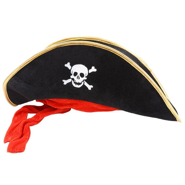 SOMBRERO PIRATA TERCIOPELO CINTA ROJA X1U