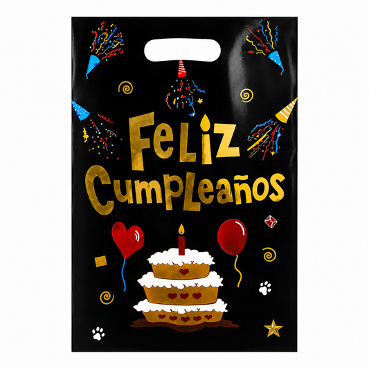 BOLSAS PARA DULCES FELIZ CUMPLEAÑOS NEGRO/DORADA X10U