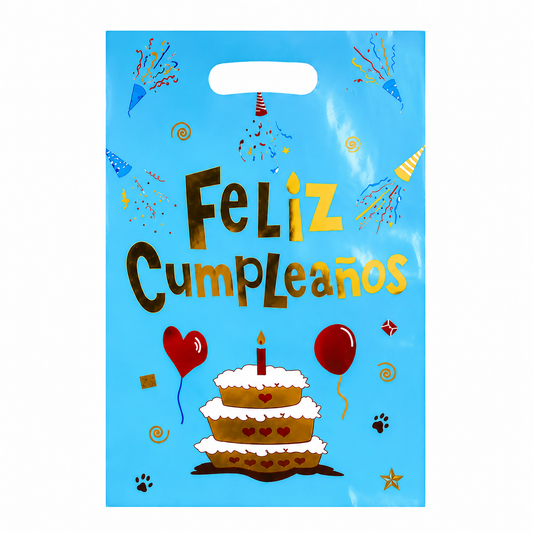 BOLSAS PARA DULCES FELIZ CUMPLEAÑOS CELESTE/DORADA X10U