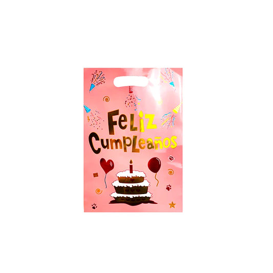 BOLSAS PARA DULCES FELIZ CUMPLEAÑOS ROSADA/DORADA X10U