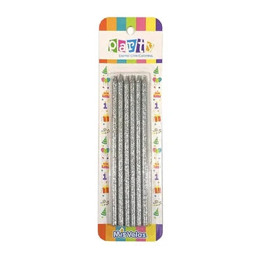 VELAS GLITTER PLATA 14CM X6U