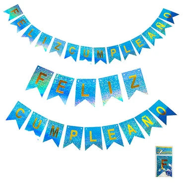 GUIRNALDA FELIZ CUMPLEAÑOS HOLOGRÁFICA CELESTE X1U