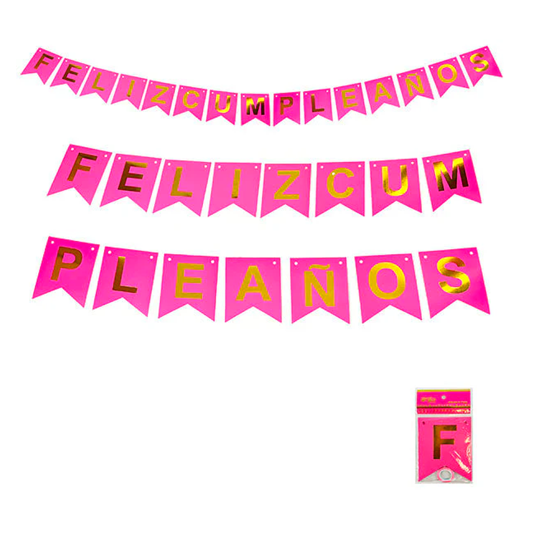 GUIRNALDA FELIZ CUMPLEAÑOS FLUOR ROSADO X1U