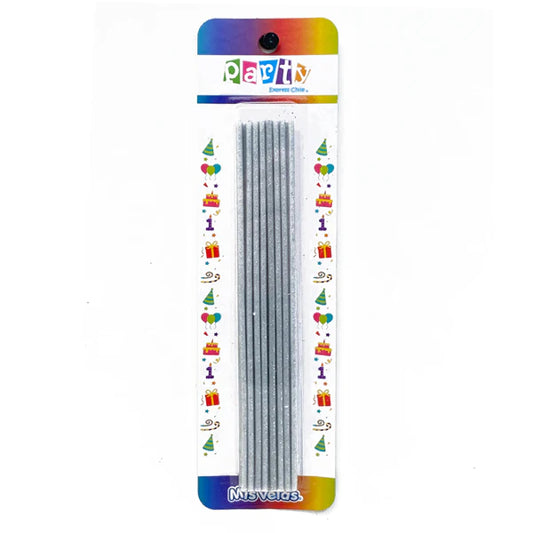 VELAS GLITTER PLATEADAS 17CM X16U