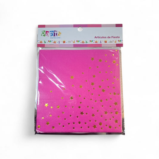 SERVILLETAS ESTRELLAS DORADA/FUCSIA 33X33CM X12U