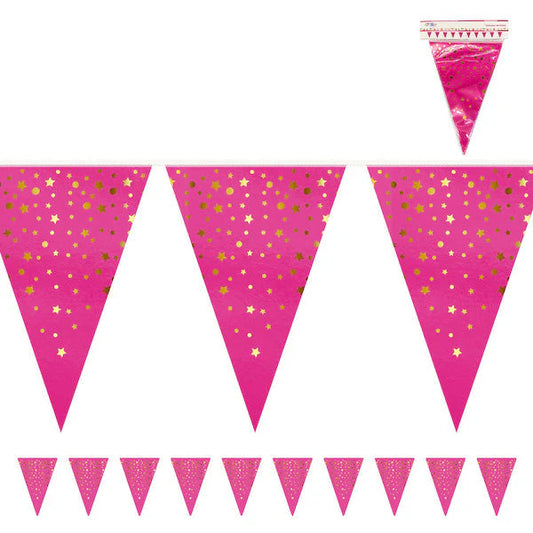 BANDERIN TRIANGULAR FUCISA ESTRELLAS DORADAS X1U