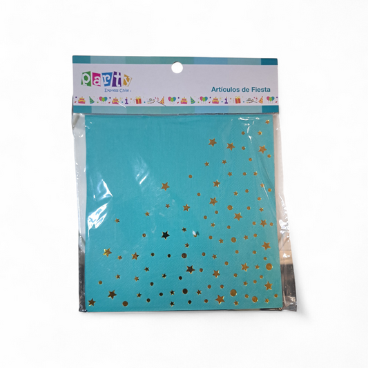 SERVILLETAS ESTRELLAS DORADA/TURQUESA 33X33CM X12U