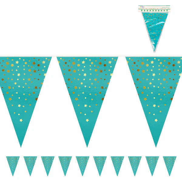 BANDERIN TRIANGULAR TURQUESA ESTRELLAS DORADAS X1U
