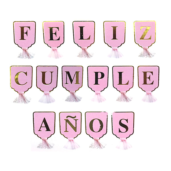 GUIRNALDA FELIZ CUMPLEAÑOS ROSADO/DORADO FLECOS TELA 4M X1U