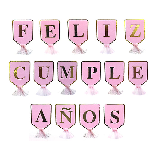 GUIRNALDA FELIZ CUMPLEAÑOS ROSADO/DORADO FLECOS TELA 4M X1U