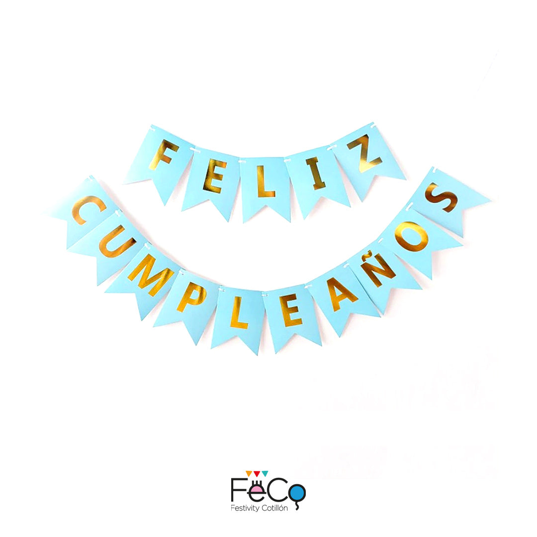 GUIRNALDA FELIZ CUMPLEAÑOS CELESTE/DORADO X1U