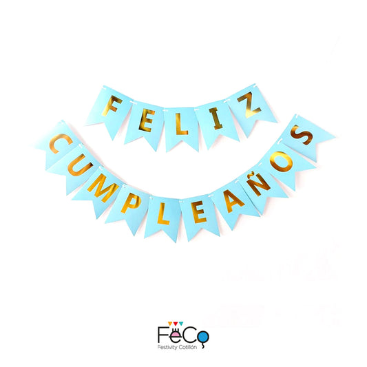 GUIRNALDA FELIZ CUMPLEAÑOS CELESTE/DORADO X1U