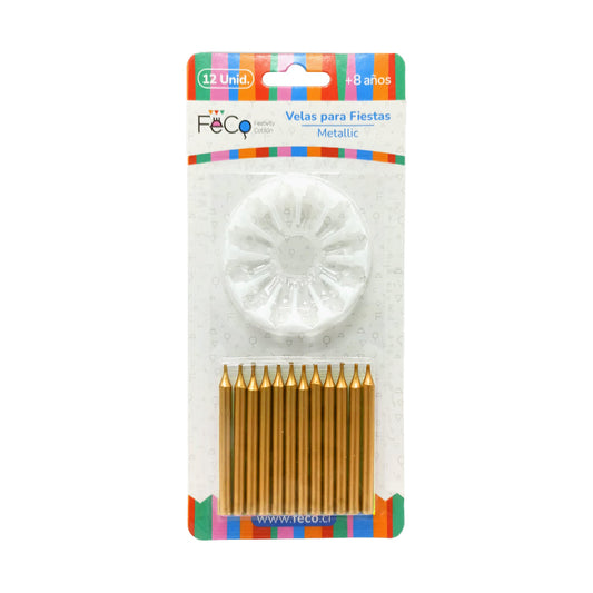 VELAS METALICAS DORADAS X12U