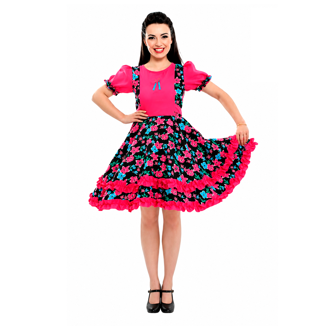 VESTIDO HUASA CHINITA FLOREADO ROSADO/NEGRO