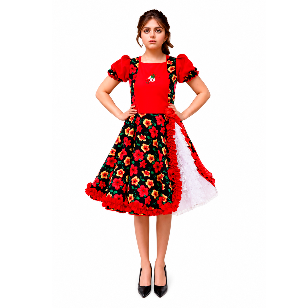 VESTIDO HUASA CHINITA FLOREADO ROJO/NEGRO - DIFERENTES TALLAS