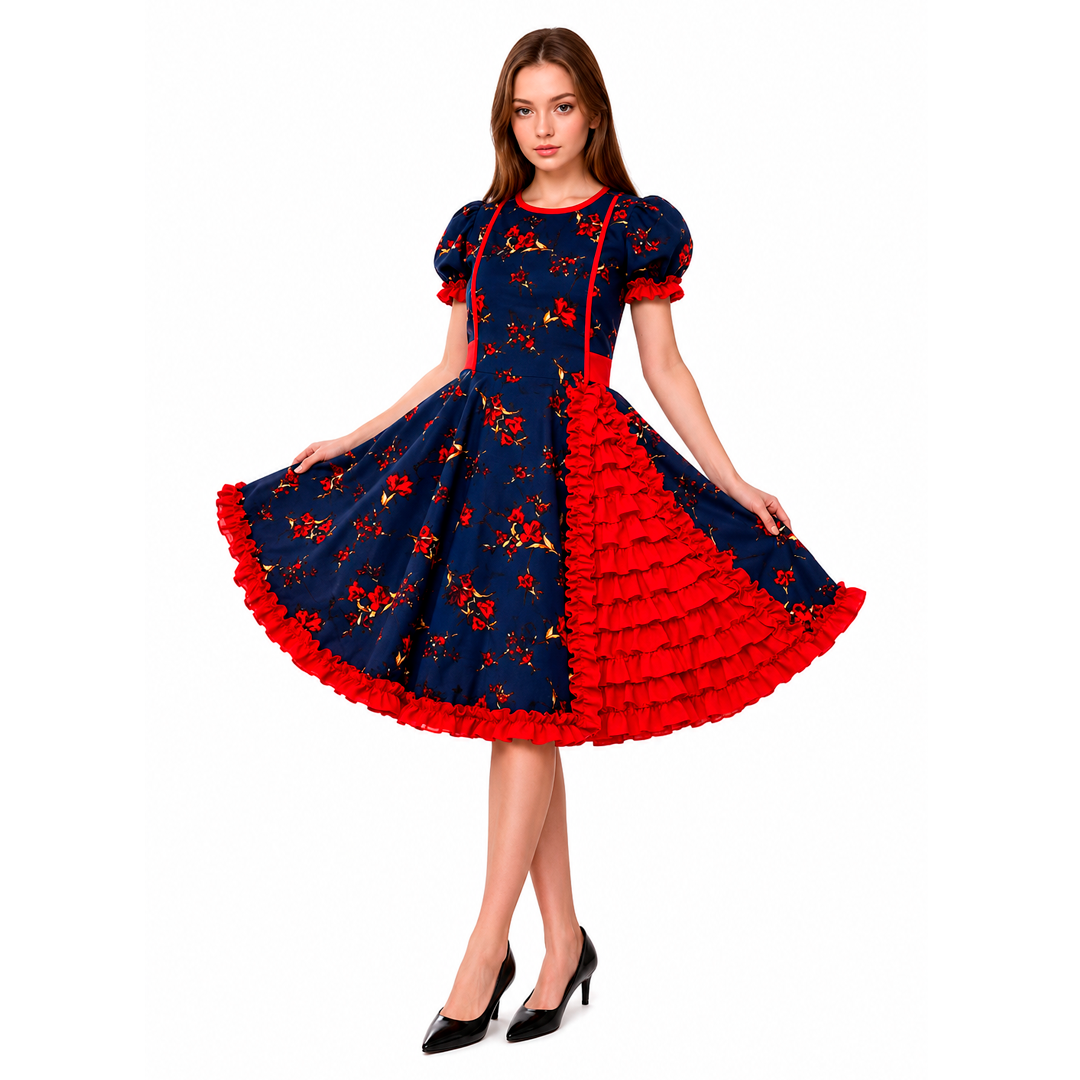VESTIDO HUASA CHINITA FLOREADO AZUL/FUCSIA - DIFERENTES TALLAS