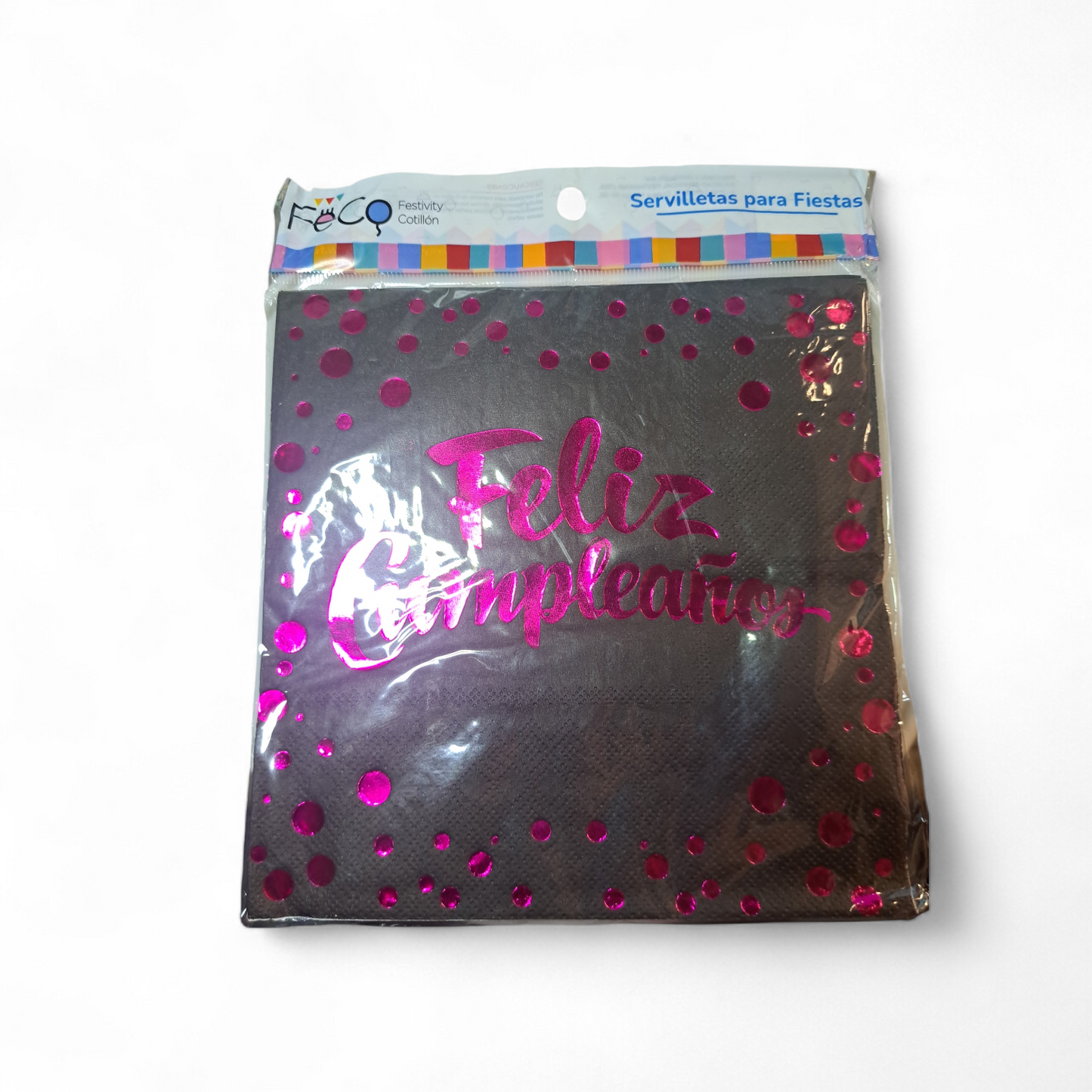 SERVILLETAS FELIZ CUMPLEAÑOS FUCSIA / FONDO NEGRO 33X33CM X16U