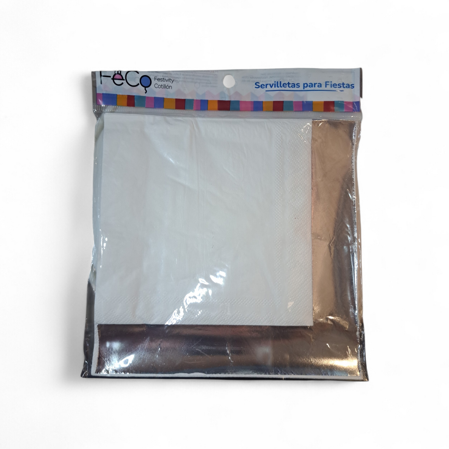 SERVILLETAS FRANJA METALICA BLANCA/PLATEADA 33X33CM X12U