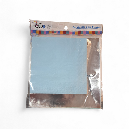 SERVILLETAS FRANJA METALICA CELESTE/PLATEADO 33X33CM X12U