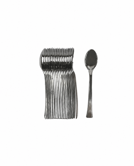 CUCHARITA PLASTICA POSTRE 11.5CM PLATEADO X50U