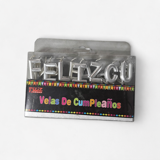 VELA FRASE FELIZ CUMPLEAÑOS METALICA PLATEADA X1U