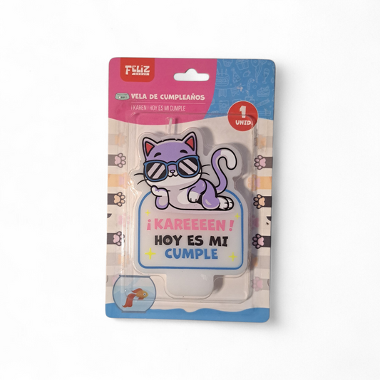 VELA FRASE FELIZ CUMPLEAÑOS "KAREEEEN HOY ES MI CUMPLE" GATO X1U