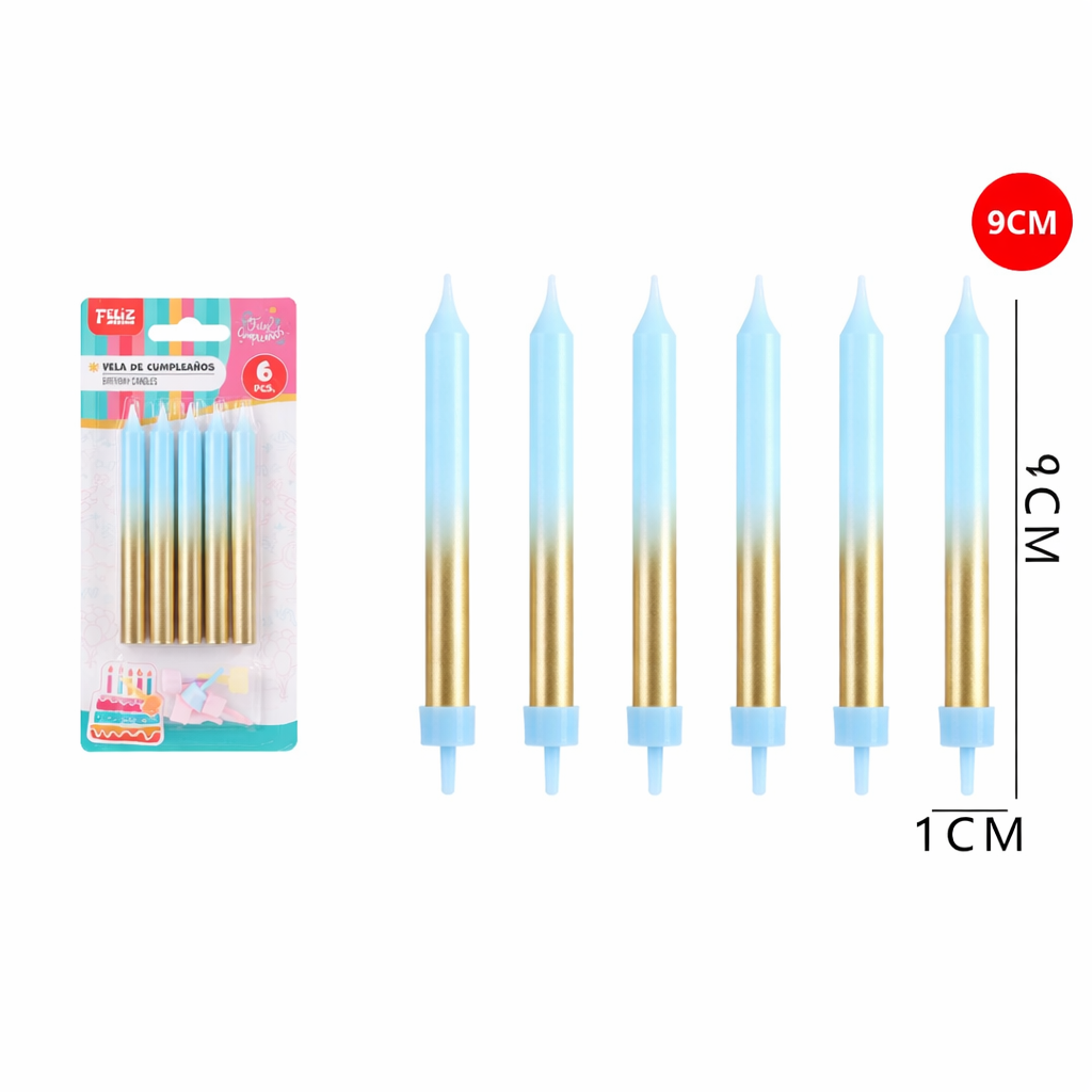 VELAS COLORES DEGRADADOS CELESTE/DORADO X6U