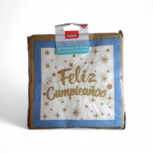 SERVILLETAS FELIZ CUMPLEAÑOS CELESTE 33X33CM X16U