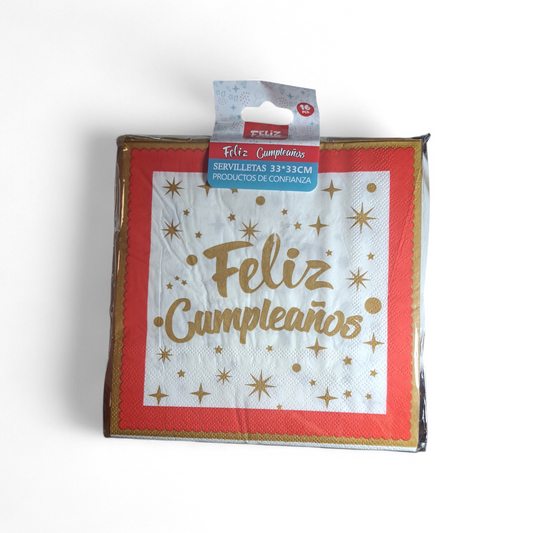 SERVILLETAS FELIZ CUMPLEAÑOS ROJO 33X33CM X16U