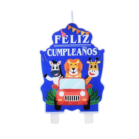 VELA FRASE FELIZ CUMPLEAÑOS ANIMALES AUTO X1U