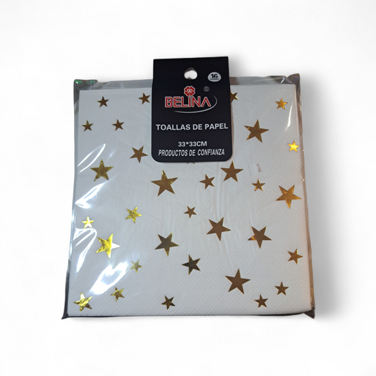 SERVILLETAS ESTRELLAS DORADA/BLANCA 33X33CM X16U