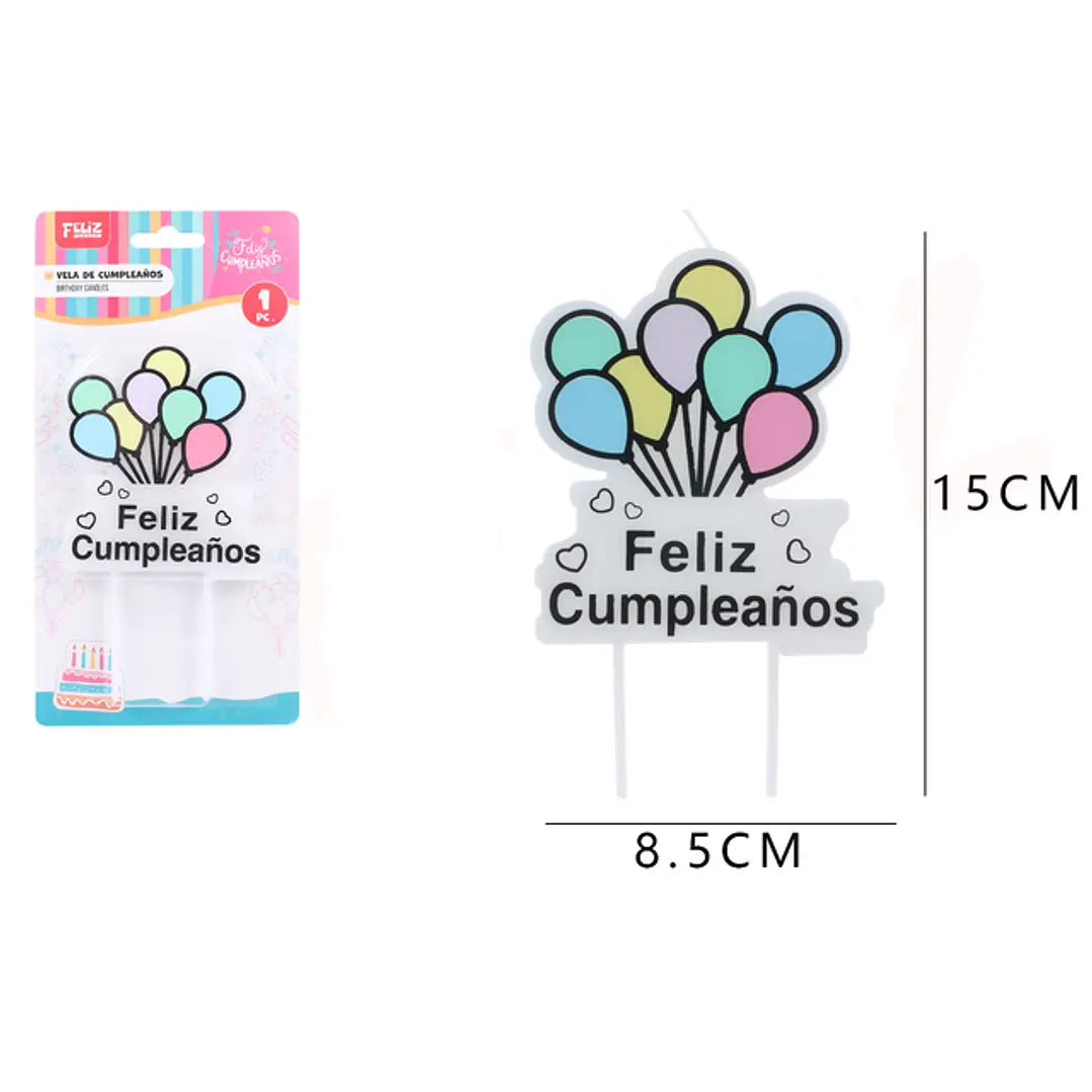 VELA FRASE FELIZ CUMPLEAÑOS GLOBITOS Y CORAZONES X1U