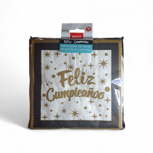 SERVILLETAS FELIZ CUMPLEAÑOS NEGRO 33X33CM X16U