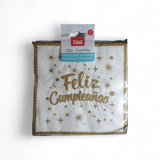 SERVILLETAS FELIZ CUMPLEAÑOS DORADO 33X33CM X16U