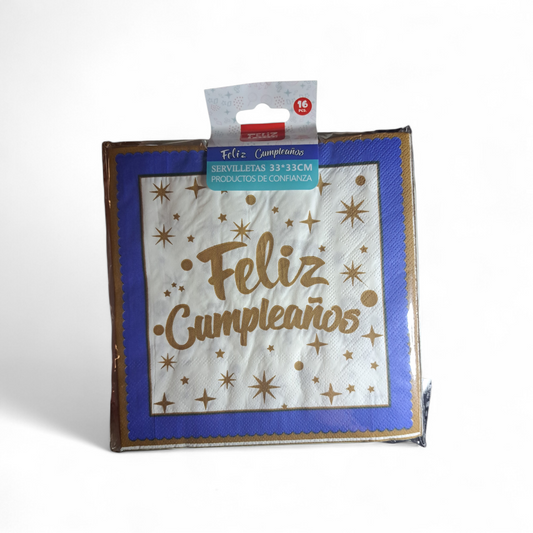 SERVILLETAS FELIZ CUMPLEAÑOS AZUL 33X33CM X16U