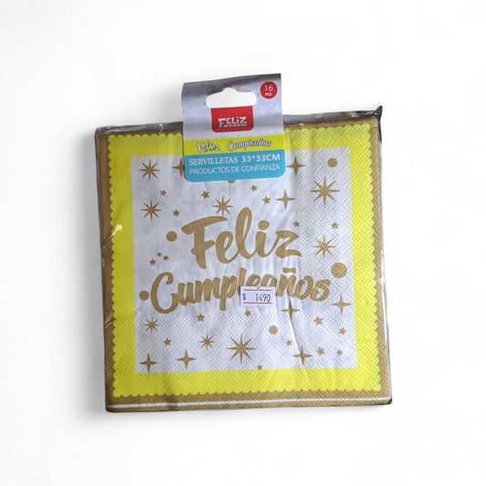 SERVILLETAS FELIZ CUMPLEAÑOS AMARILLO 33X33CM X16U