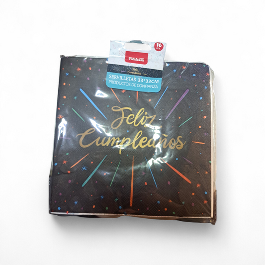 SERVILLETAS FELIZ CUMPLEAÑOS EXPLOSION FONDO NEGRO 33X33CM X16U